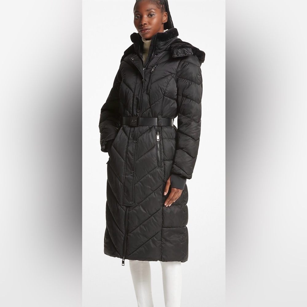 Michael Kors Faux Fur Trim Belted Puffer Coat